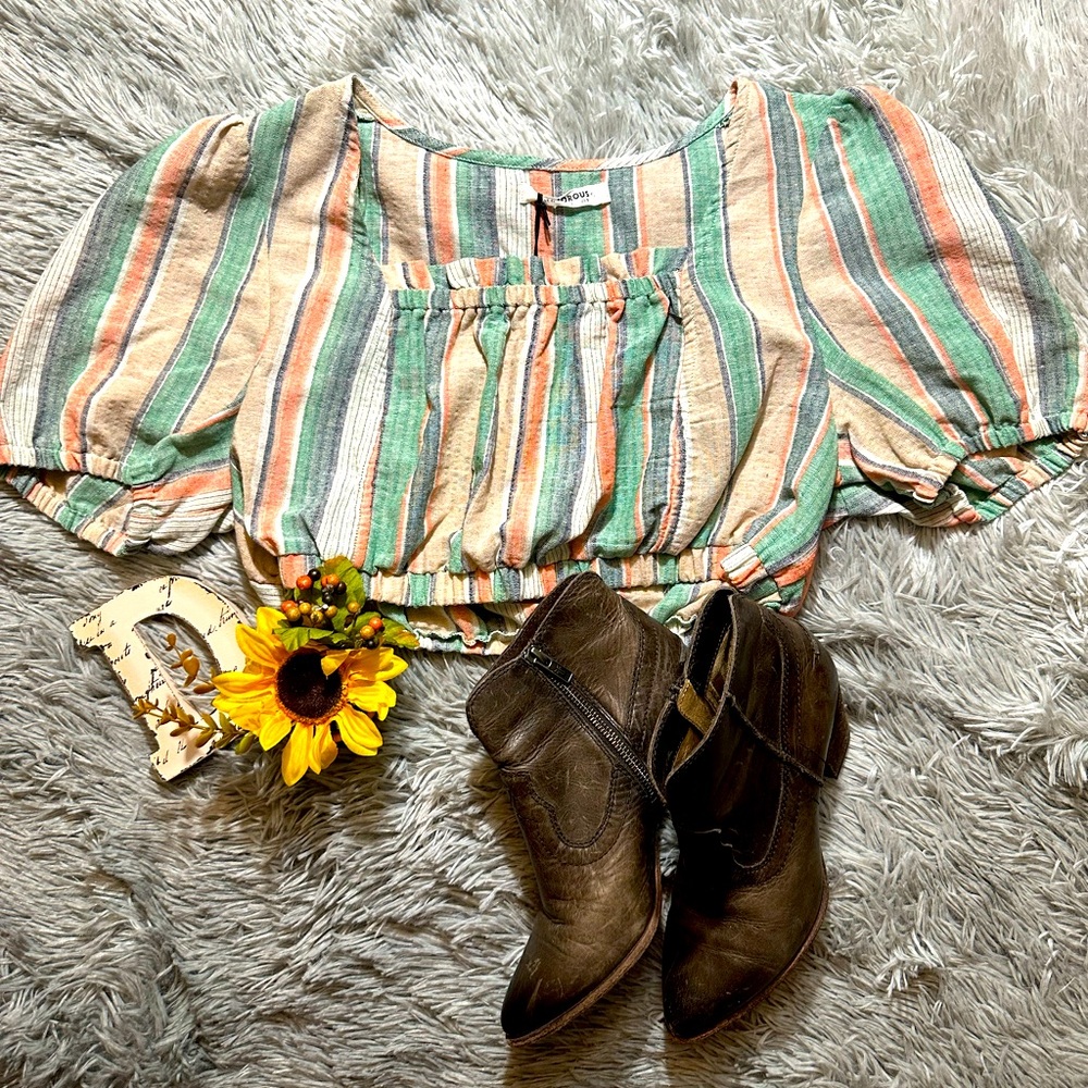 Glamorous Green and Orange Puff Sleeve Crop Top NWT size 8
